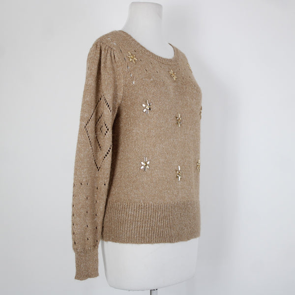 Tribal Jeans Sz SP Brown Rhinestones Open Knit Acrylic Polyester Nylon Sweater