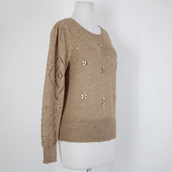 Tribal Jeans Sz SP Brown Rhinestones Open Knit Acrylic Polyester Nylon Sweater