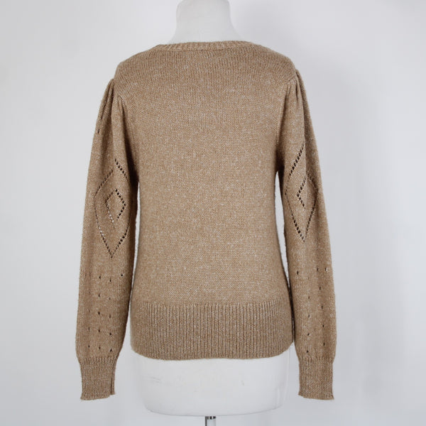 Tribal Jeans Sz SP Brown Rhinestones Open Knit Acrylic Polyester Nylon Sweater
