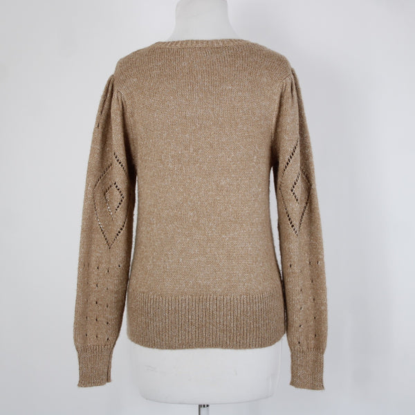 Tribal Jeans Sz SP Brown Rhinestones Open Knit Acrylic Polyester Nylon Sweater