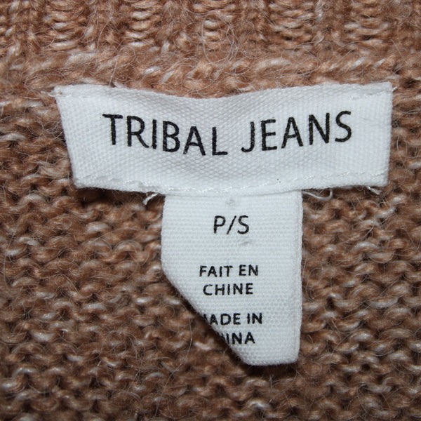 Tribal Jeans Sz SP Brown Rhinestones Open Knit Acrylic Polyester Nylon Sweater