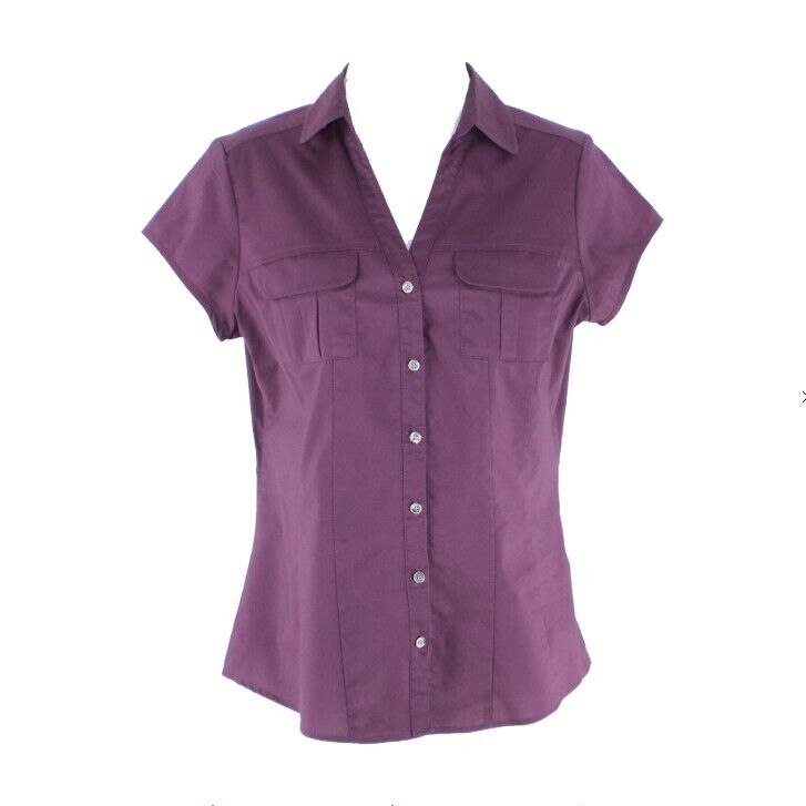 George Sz S Purple Front Pocket Cap Sleeve Collared Cotton Polyester Top