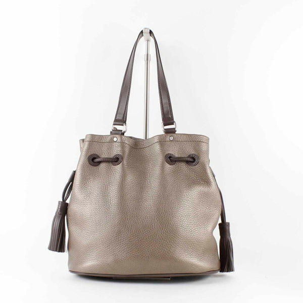 Cole Haan Sz 12 x 16 Bronze Brown Pebbled Leather Tassel Drawstring Purse