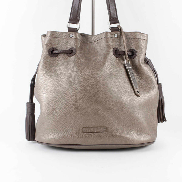 Cole Haan Sz 12 x 16 Bronze Brown Pebbled Leather Tassel Drawstring Purse