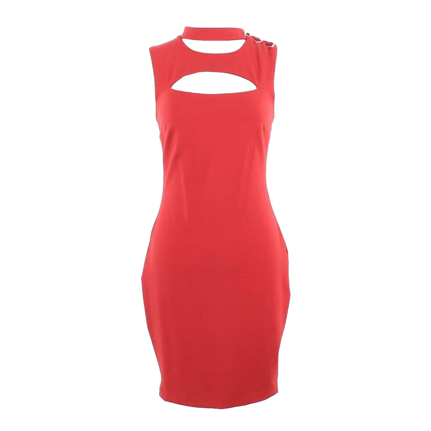Guess Sz M Red Lined Cutout Chest Bodycon Laceup Shoulder Rayon Blend Dress