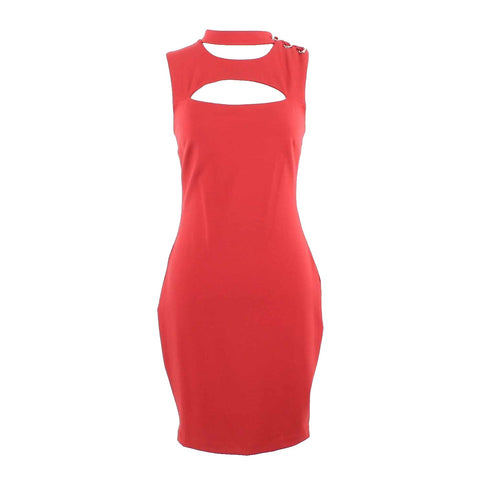 Guess Sz M Red Lined Cutout Chest Bodycon Laceup Shoulder Rayon Blend Dress