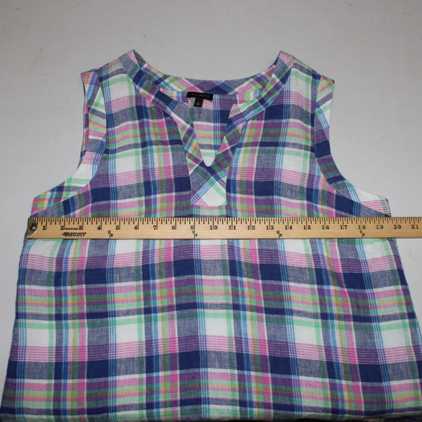 Talbots Top Sz L Blue Pink Multi Color Plaid V Neck Sleeveless 100% Linin Top