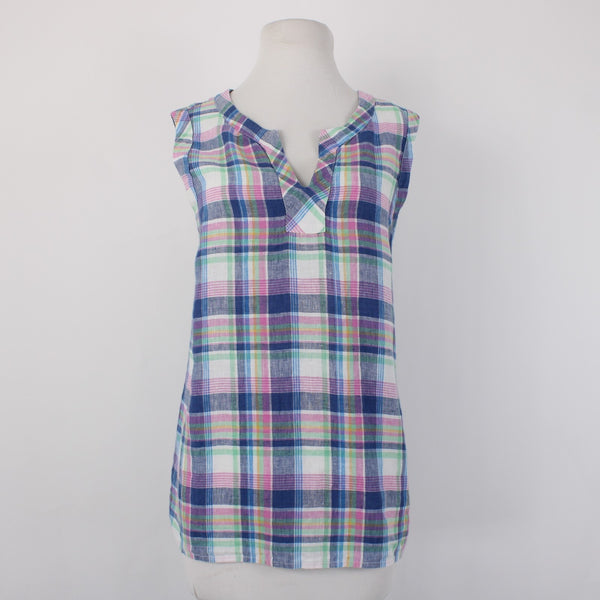 Talbots Top Sz L Blue Pink Multi Color Plaid V Neck Sleeveless 100% Linin Top