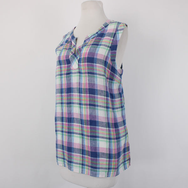Talbots Top Sz L Blue Pink Multi Color Plaid V Neck Sleeveless 100% Linin Top