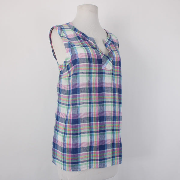 Talbots Top Sz L Blue Pink Multi Color Plaid V Neck Sleeveless 100% Linin Top