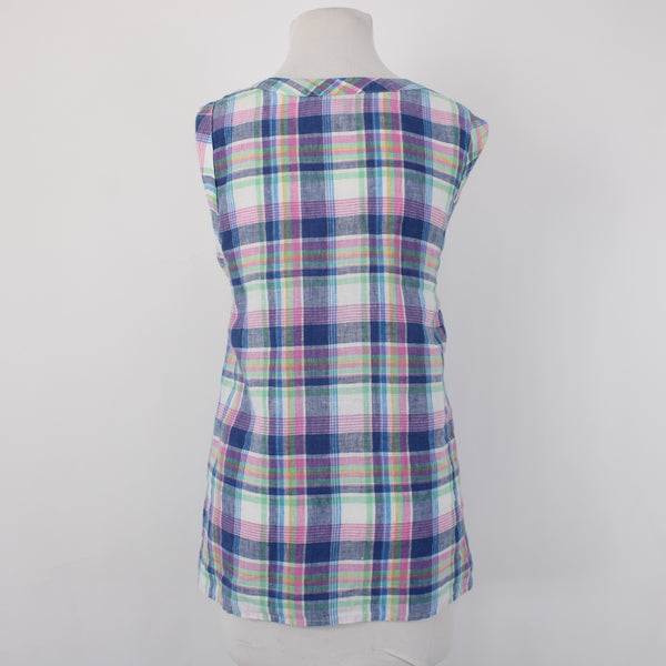 Talbots Top Sz L Blue Pink Multi Color Plaid V Neck Sleeveless 100% Linin Top