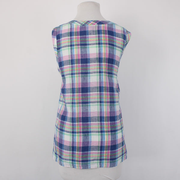 Talbots Top Sz L Blue Pink Multi Color Plaid V Neck Sleeveless 100% Linin Top