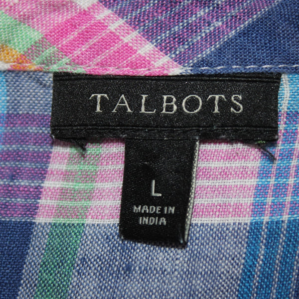 Talbots Top Sz L Blue Pink Multi Color Plaid V Neck Sleeveless 100% Linin Top