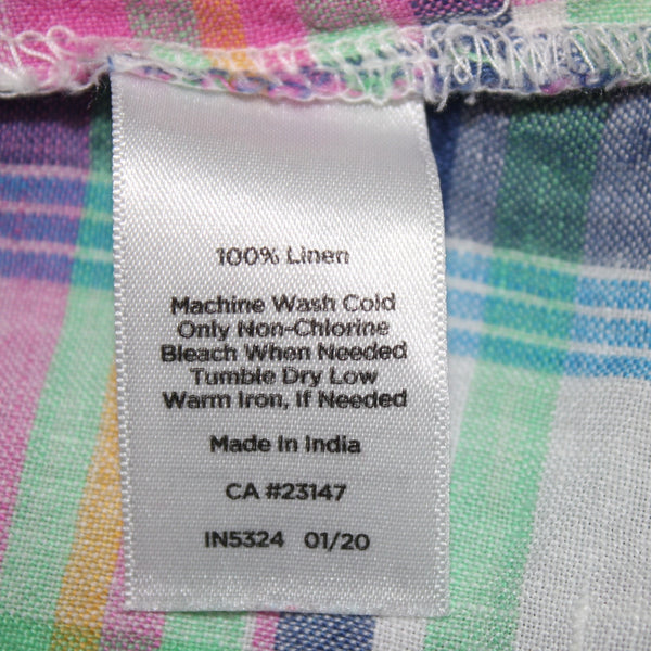 Talbots Top Sz L Blue Pink Multi Color Plaid V Neck Sleeveless 100% Linin Top