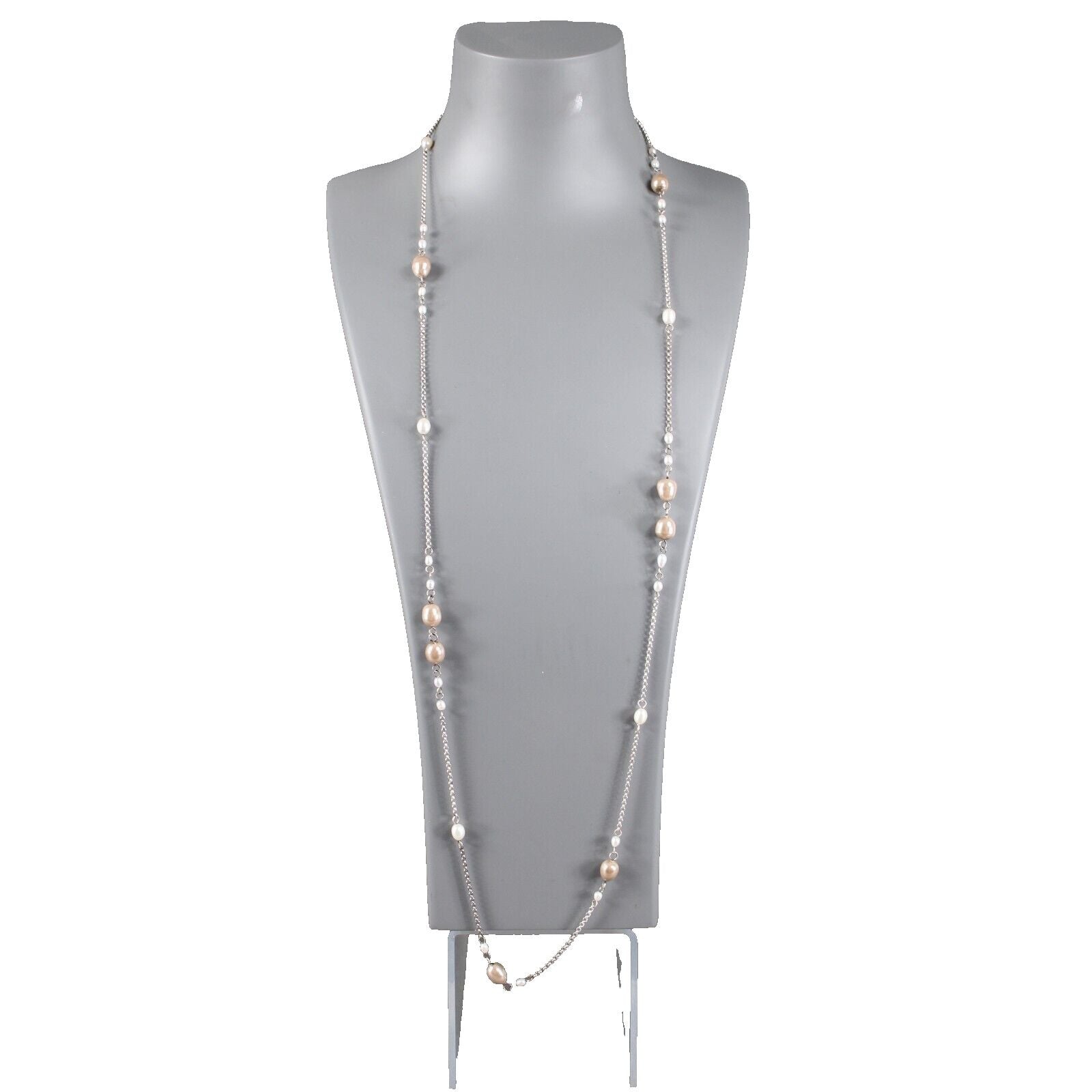 Sterling Silver 925 White Freshwater Pearls Tan Faux Pearls 39" Necklace