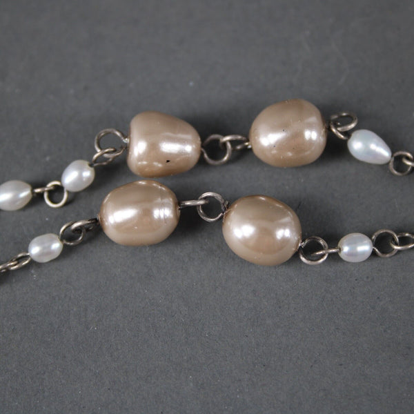 Sterling Silver 925 White Freshwater Pearls Tan Faux Pearls 39" Necklace