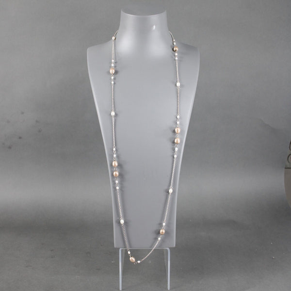 Sterling Silver 925 White Freshwater Pearls Tan Faux Pearls 39" Necklace
