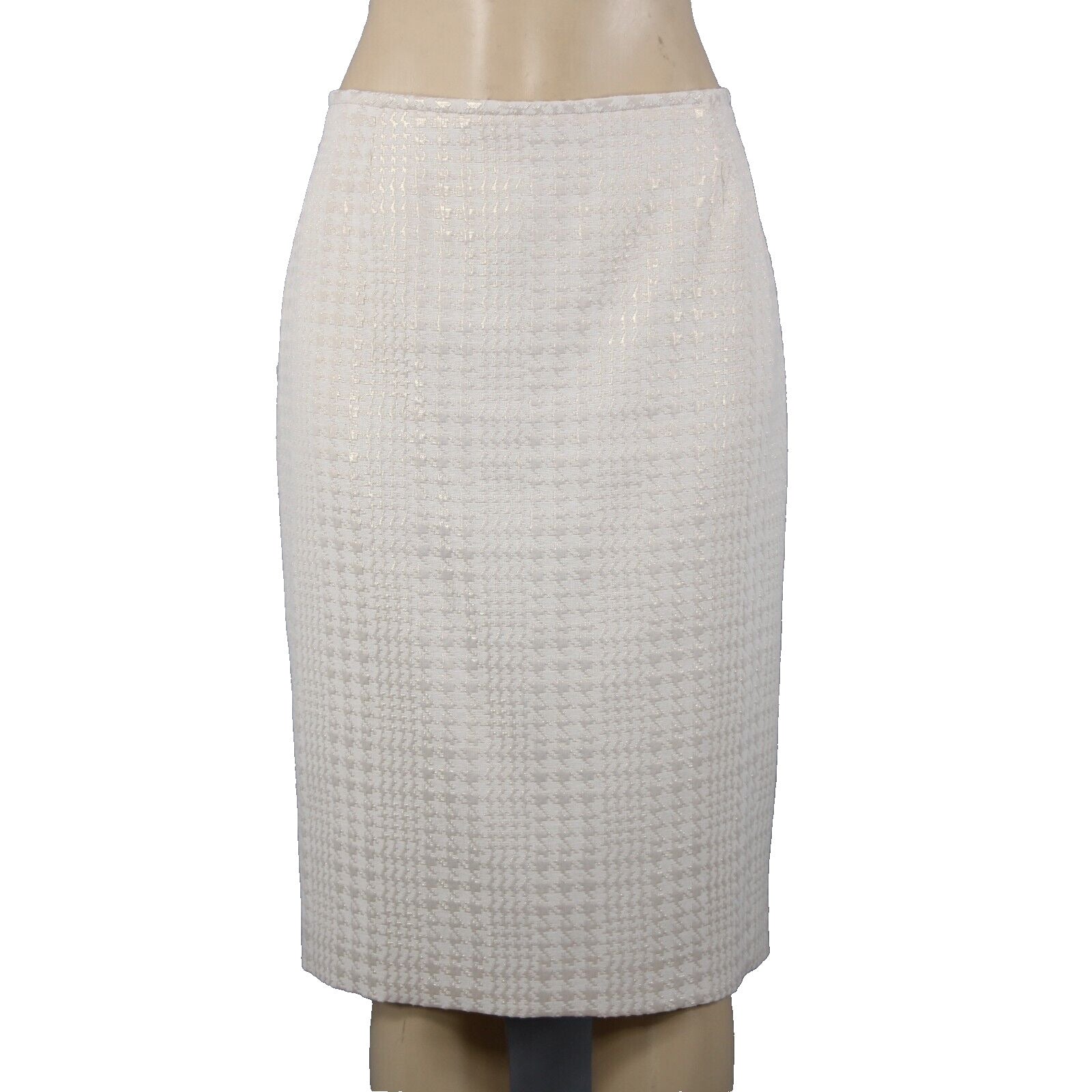 Calvin Klein Sz 12 Cream Tan Gold Metallic Cotton Polyester Lined Pencil Skirt
