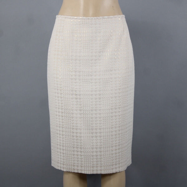 Calvin Klein Sz 12 Cream Tan Gold Metallic Cotton Polyester Lined Pencil Skirt