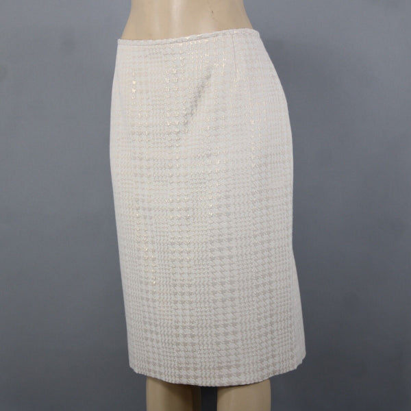 Calvin Klein Sz 12 Cream Tan Gold Metallic Cotton Polyester Lined Pencil Skirt