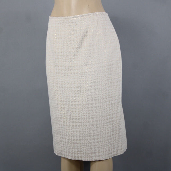 Calvin Klein Sz 12 Cream Tan Gold Metallic Cotton Polyester Lined Pencil Skirt