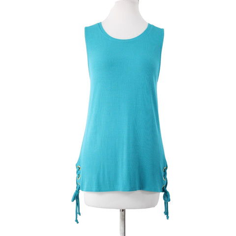 INC NEW $50 Coastal Sz L Teal Glow Blue Gold Rivets Rayon Spandex Beachy Top
