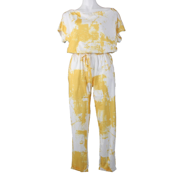 Dress Day Jumpsuit NEW $43 Sz M Yellow White Short Sleeve Poly Jumpsuit