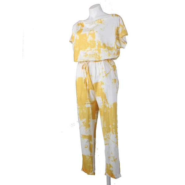 Dress Day Jumpsuit NEW $43 Sz M Yellow White Short Sleeve Poly Jumpsuit