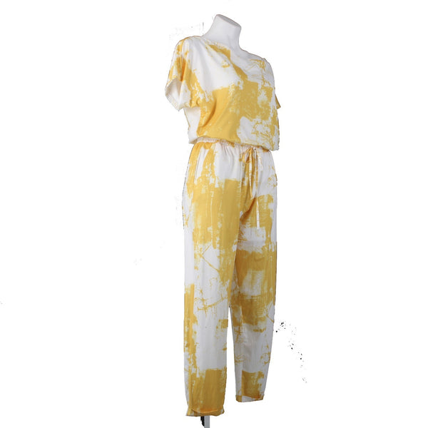 Dress Day Jumpsuit NEW $43 Sz M Yellow White Short Sleeve Poly Jumpsuit