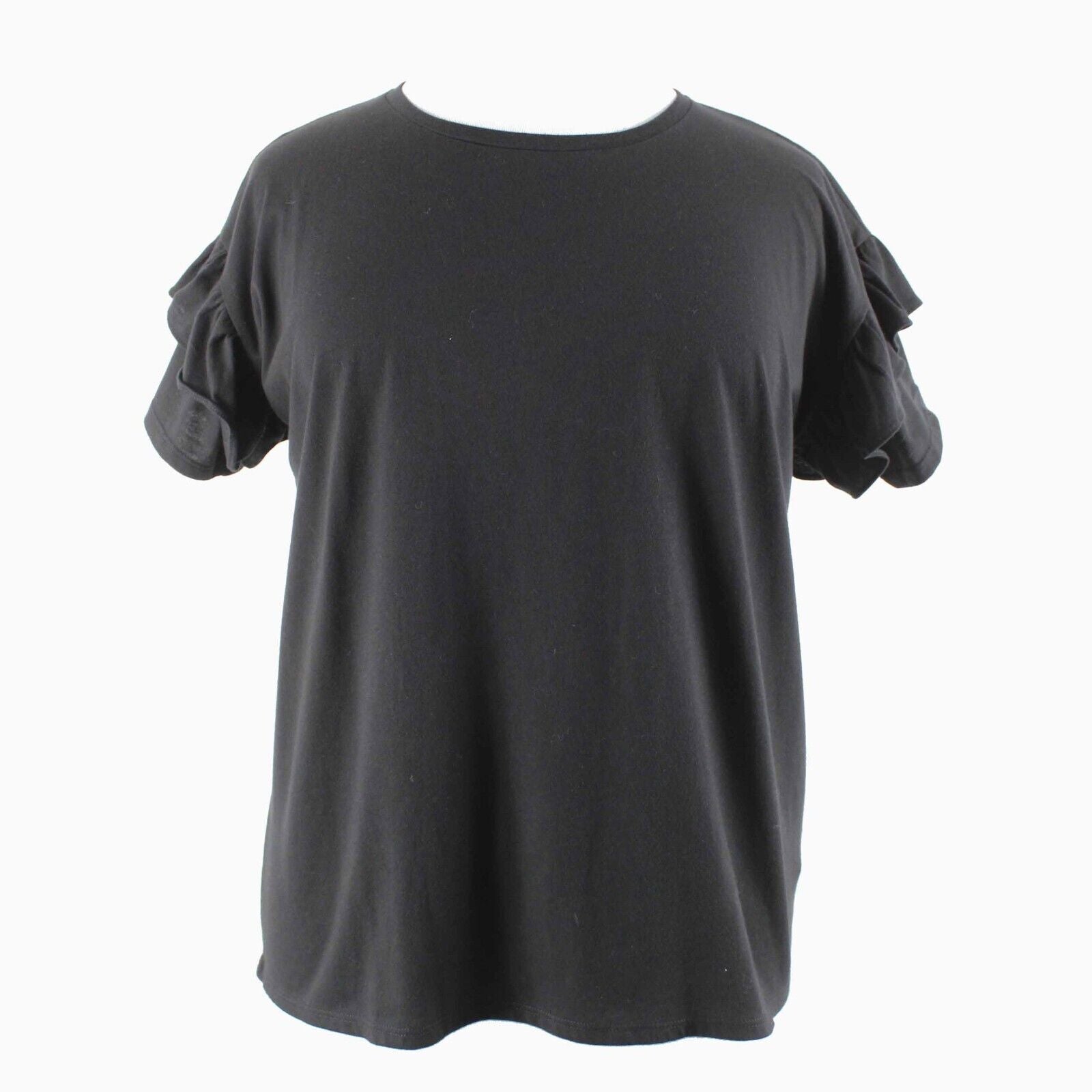 White House Black Market NEW $58 Sz XL Black Ruffle Sleeve Polyester Cotton Top