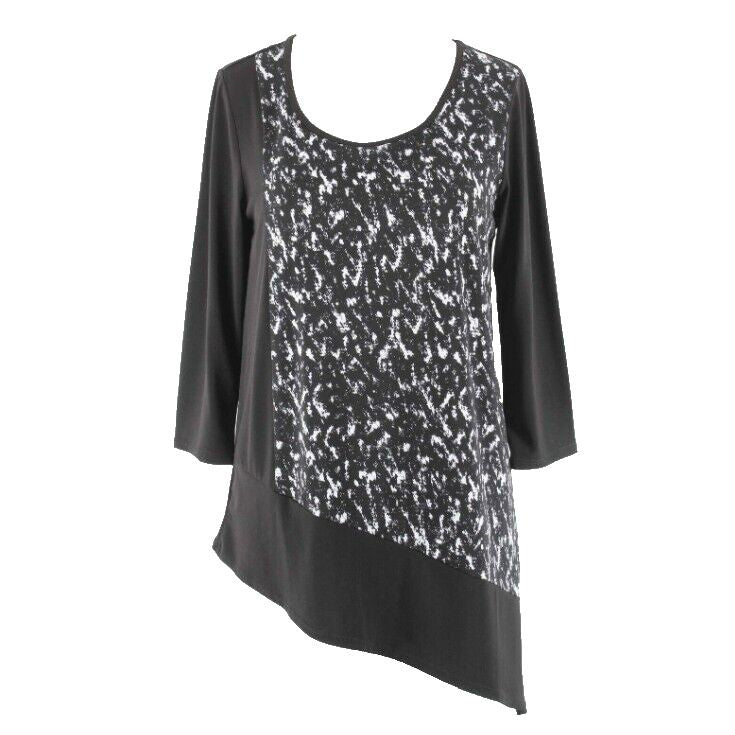 Chicos Sz 0 Black White Asymmetrical Hem Jersey Polyester Blend Top