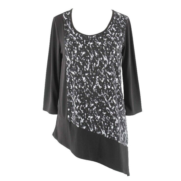 Chicos Sz 0 Black White Asymmetrical Hem Jersey Polyester Blend Top