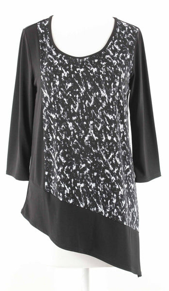 Chicos Sz 0 Black White Asymmetrical Hem Jersey Polyester Blend Top