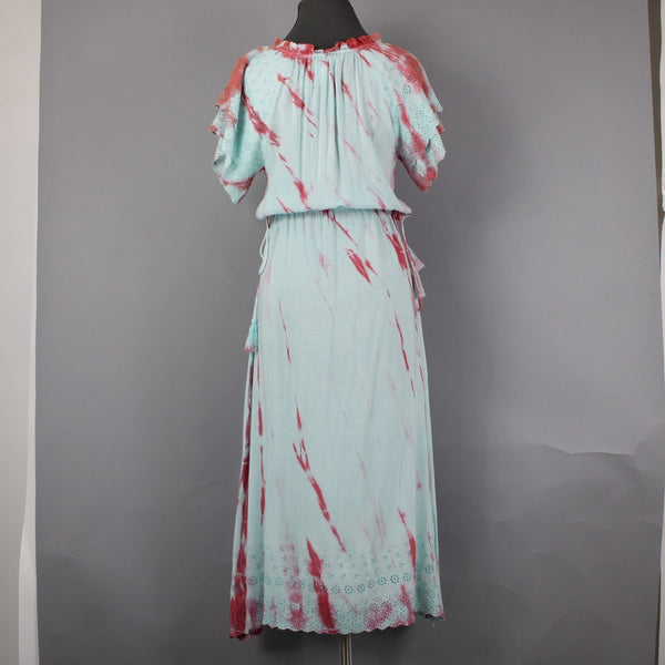 Raga Dress Sz XS Blue Pink Tie Dye Maxi Drawstring Waist 100% Viscose Dress