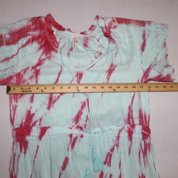 Raga Dress Sz XS Blue Pink Tie Dye Maxi Drawstring Waist 100% Viscose Dress