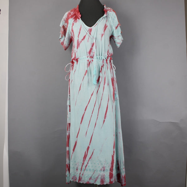 Raga Dress Sz XS Blue Pink Tie Dye Maxi Drawstring Waist 100% Viscose Dress