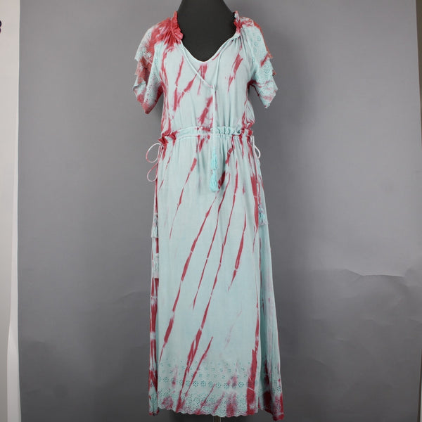 Raga Dress Sz XS Blue Pink Tie Dye Maxi Drawstring Waist 100% Viscose Dress