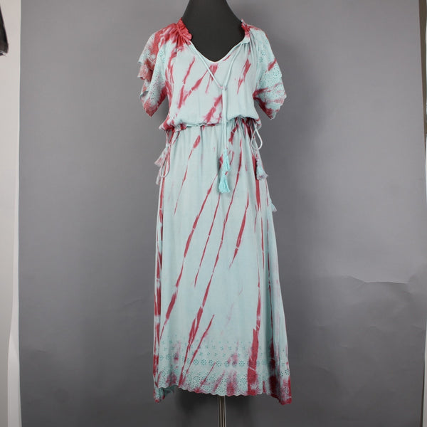 Raga Dress Sz XS Blue Pink Tie Dye Maxi Drawstring Waist 100% Viscose Dress