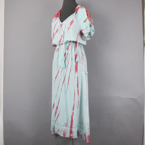 Raga Dress Sz XS Blue Pink Tie Dye Maxi Drawstring Waist 100% Viscose Dress