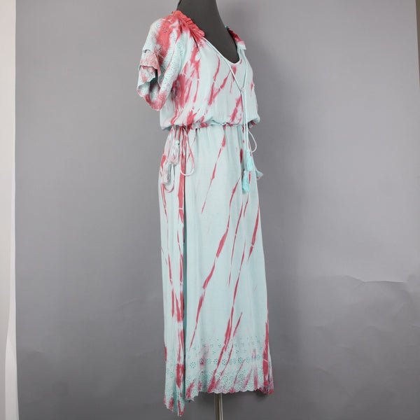 Raga Dress Sz XS Blue Pink Tie Dye Maxi Drawstring Waist 100% Viscose Dress