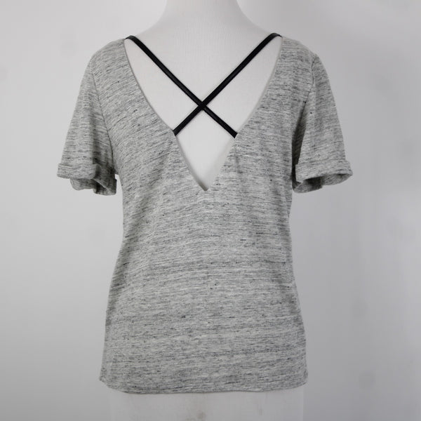 Alice Olivia Air Sz SP Gray Black Leather Trim Cross Open Back 100% Linen Top