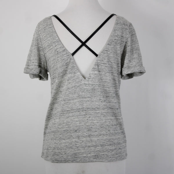 Alice Olivia Air Sz SP Gray Black Leather Trim Cross Open Back 100% Linen Top
