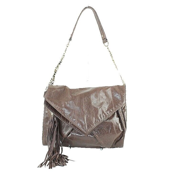 Hype Sz 13 x 10 x 6 Taupe Flap Tassel Goldtone Chain Shoulder Purse 6620Q