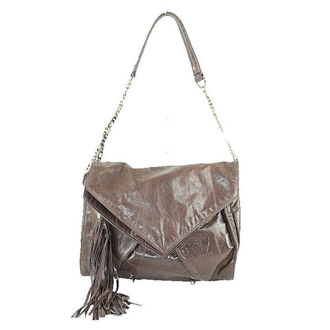 Hype Sz 13 x 10 x 6 Taupe Flap Tassel Goldtone Chain Shoulder Purse 6620Q
