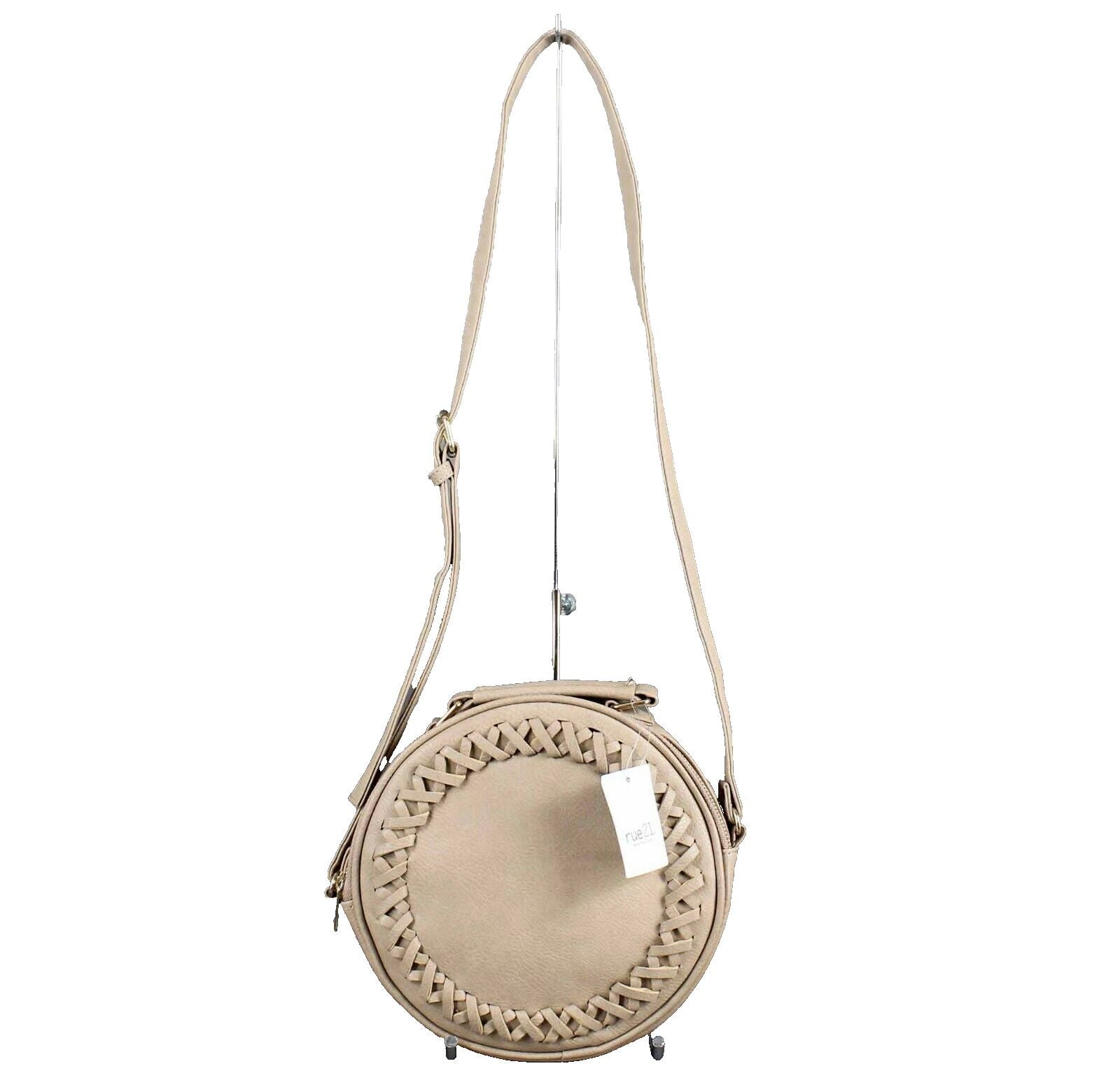 Rue 21 NEW 9 x 9 x 2 Round Tan Zip Top Detailed Faux Leather Crossbody Purse