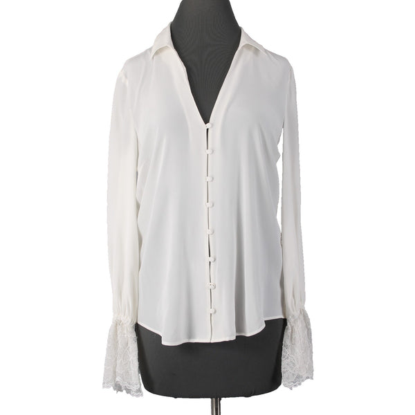 L' Agence Top Sz SP White Collared Bell Sleeve Lace Button Down Blouse
