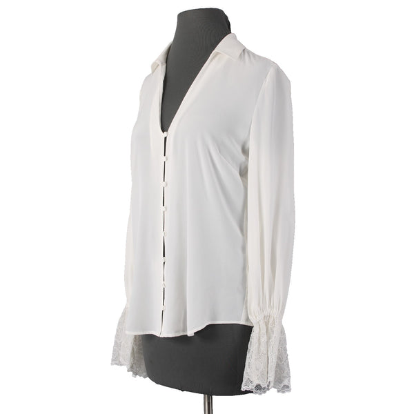 L' Agence Top Sz SP White Collared Bell Sleeve Lace Button Down Blouse