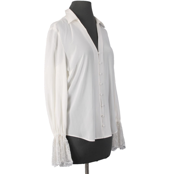 L' Agence Top Sz SP White Collared Bell Sleeve Lace Button Down Blouse