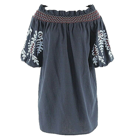 Rebellion M Navy Light Blue Red Embroidered 100% Cotton Peasant Top