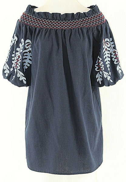 Rebellion M Navy Light Blue Red Embroidered 100% Cotton Peasant Top